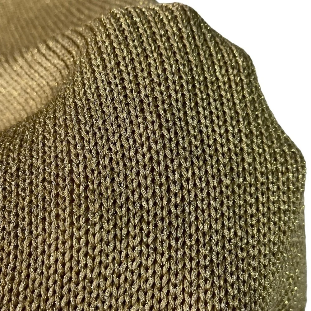 LAUREN RALPH LAUREN METALLIC GOLD V-NECK 3/4 SLEEVE RIBBED PULLOVER SWEATER